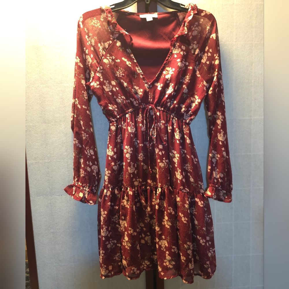 Floral Burgundy Long Sleeve Dress - Picture 1 of 8